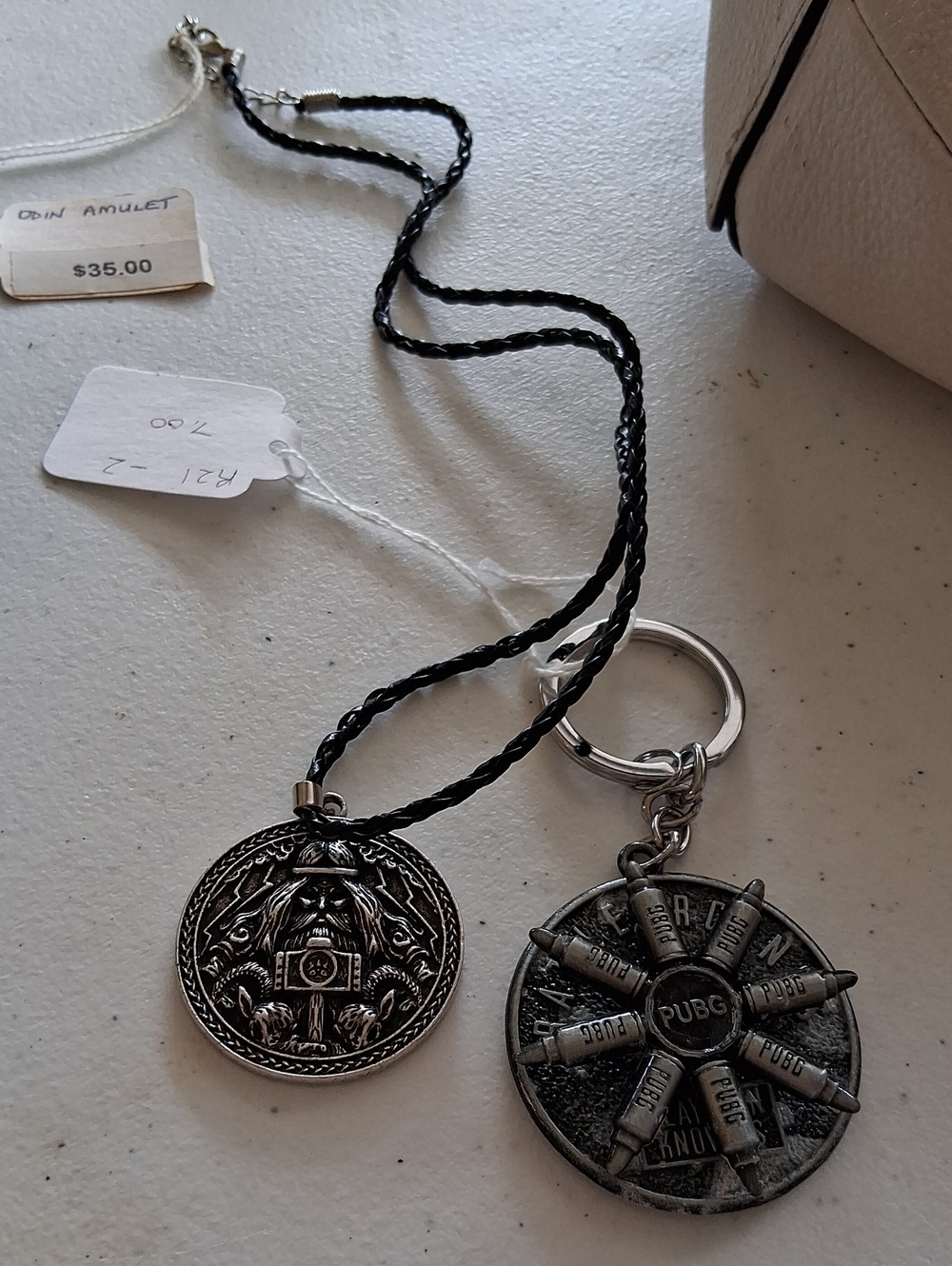 PUBG Silver Tone Keychain and Odin Amulet Necklace - Black Cord